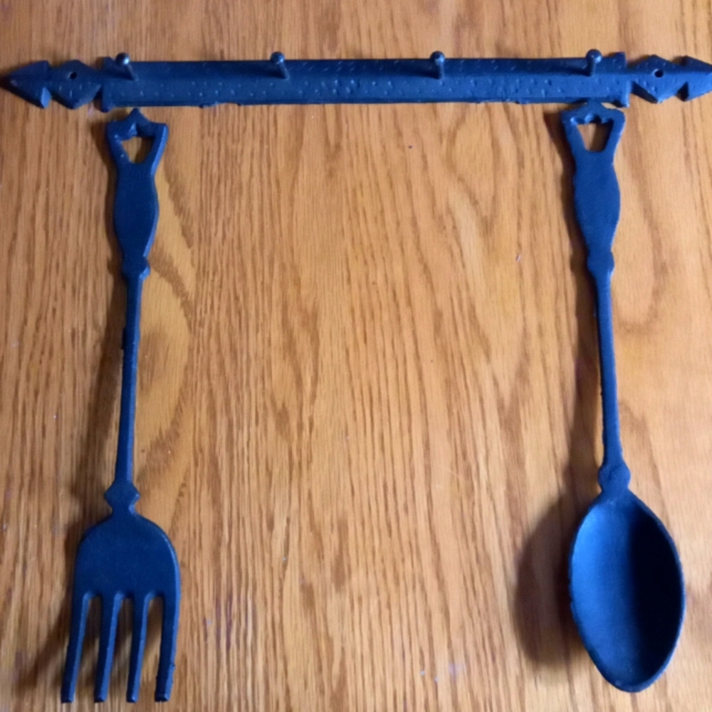 Vintage Cast iron rack and 2 ornate spoons